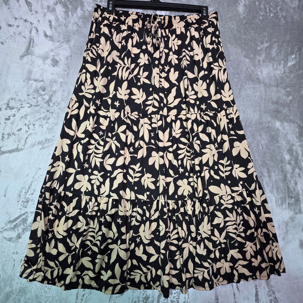 Robert Louis Womens XL Black Cream Leaf Print Tiered Maxi Skirt with Pockets